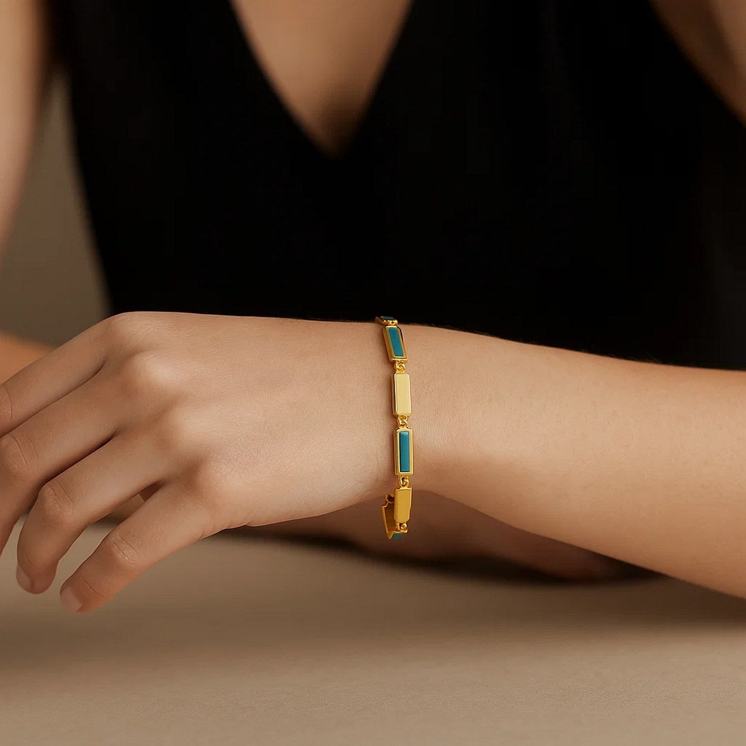 14K Yellow Gold Turquoise Rectangle Links Bracelet (3.50 mm)