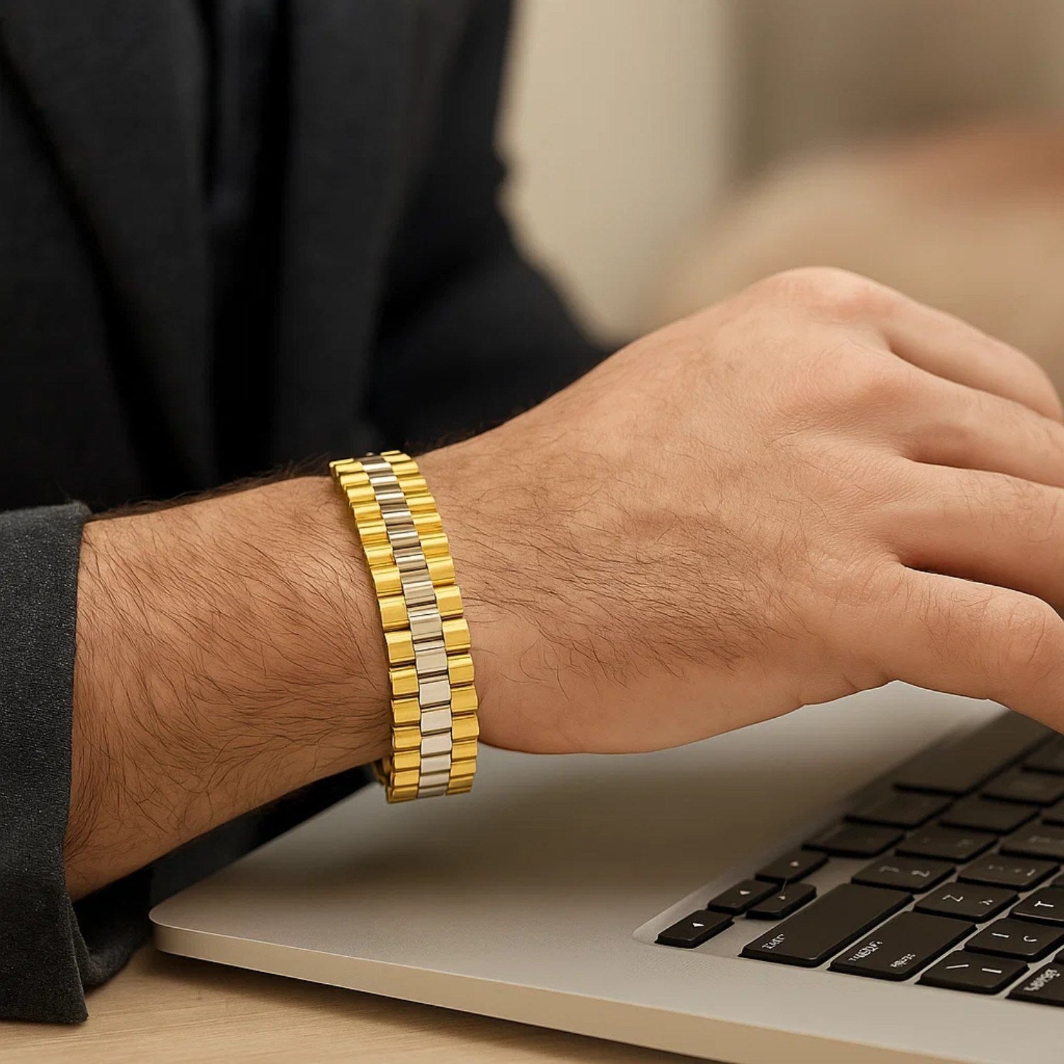 14k Two Tone Gold Mens Panther Link Bracelet (12.30 mm)