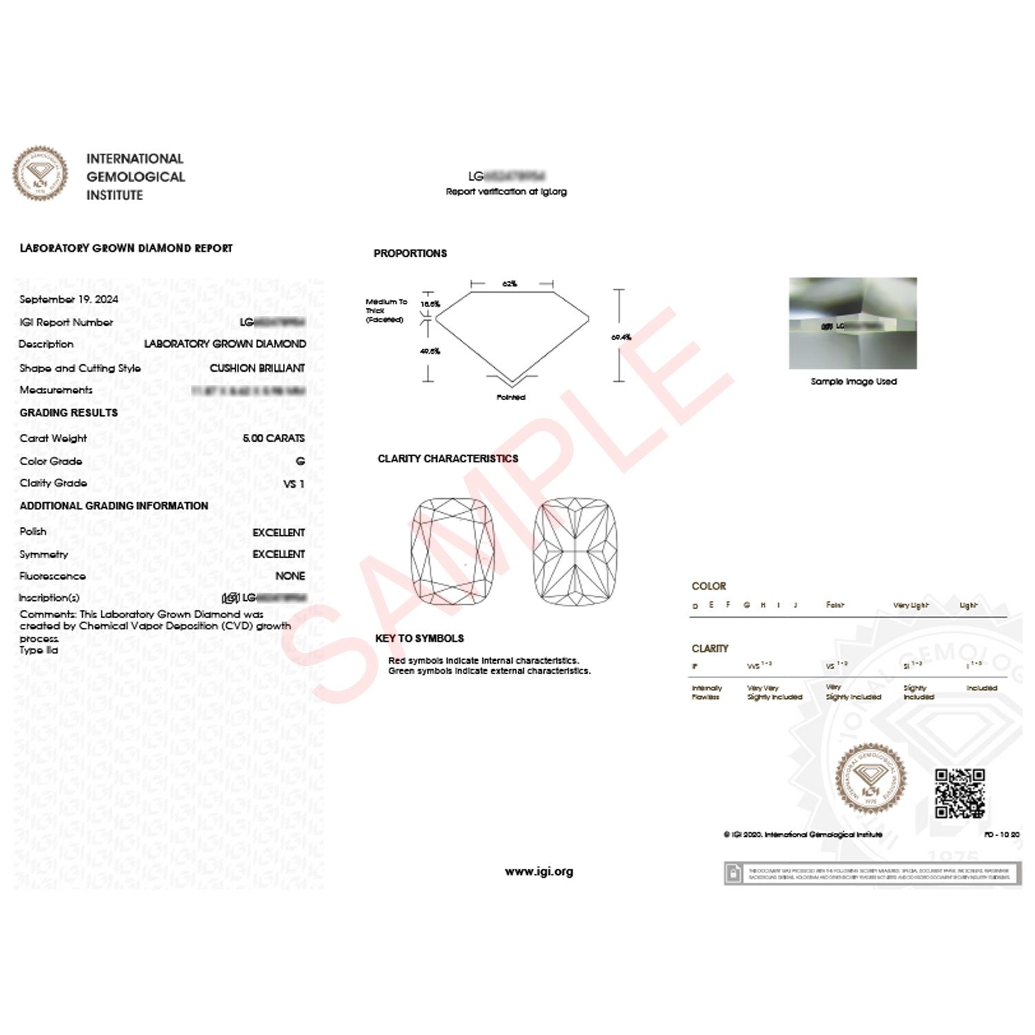 5 Carat Cushion Lab Grown IGI G/VS1 Diamond Solitaire Ring in 14K White Gold