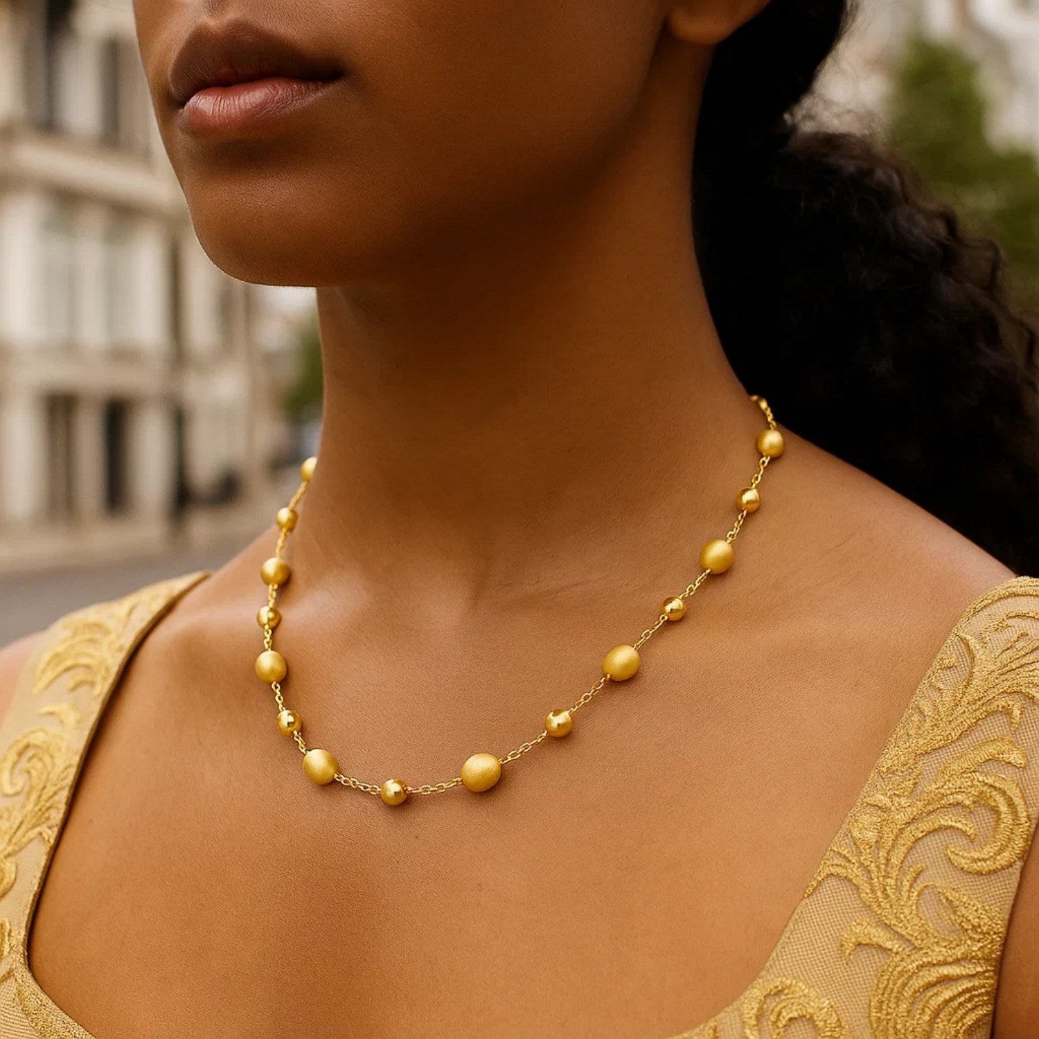 14K Yellow Gold Polished and Satin Pebble Necklace