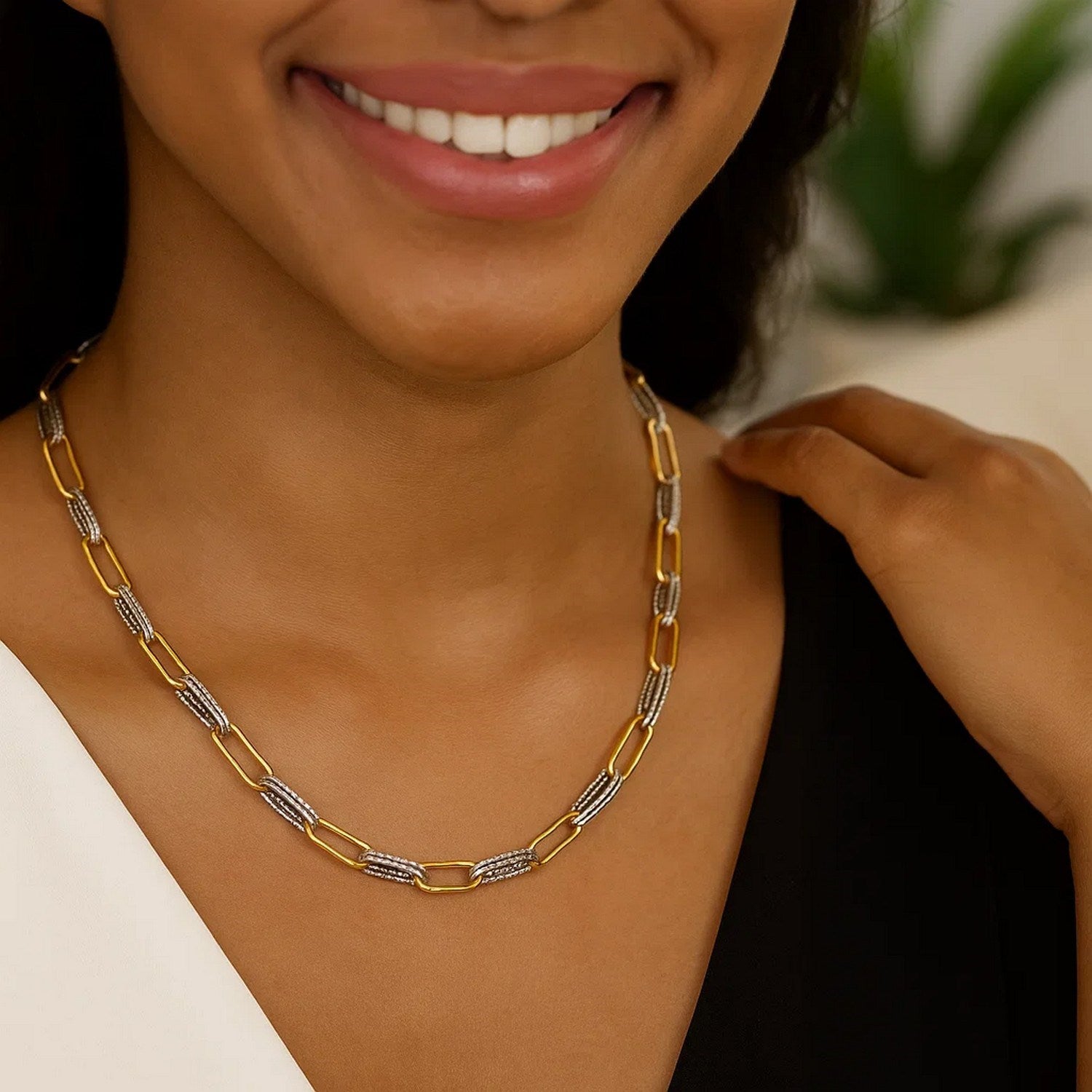 14K Two Tone Gold Diamante Paperclip Necklace (6.20 mm)