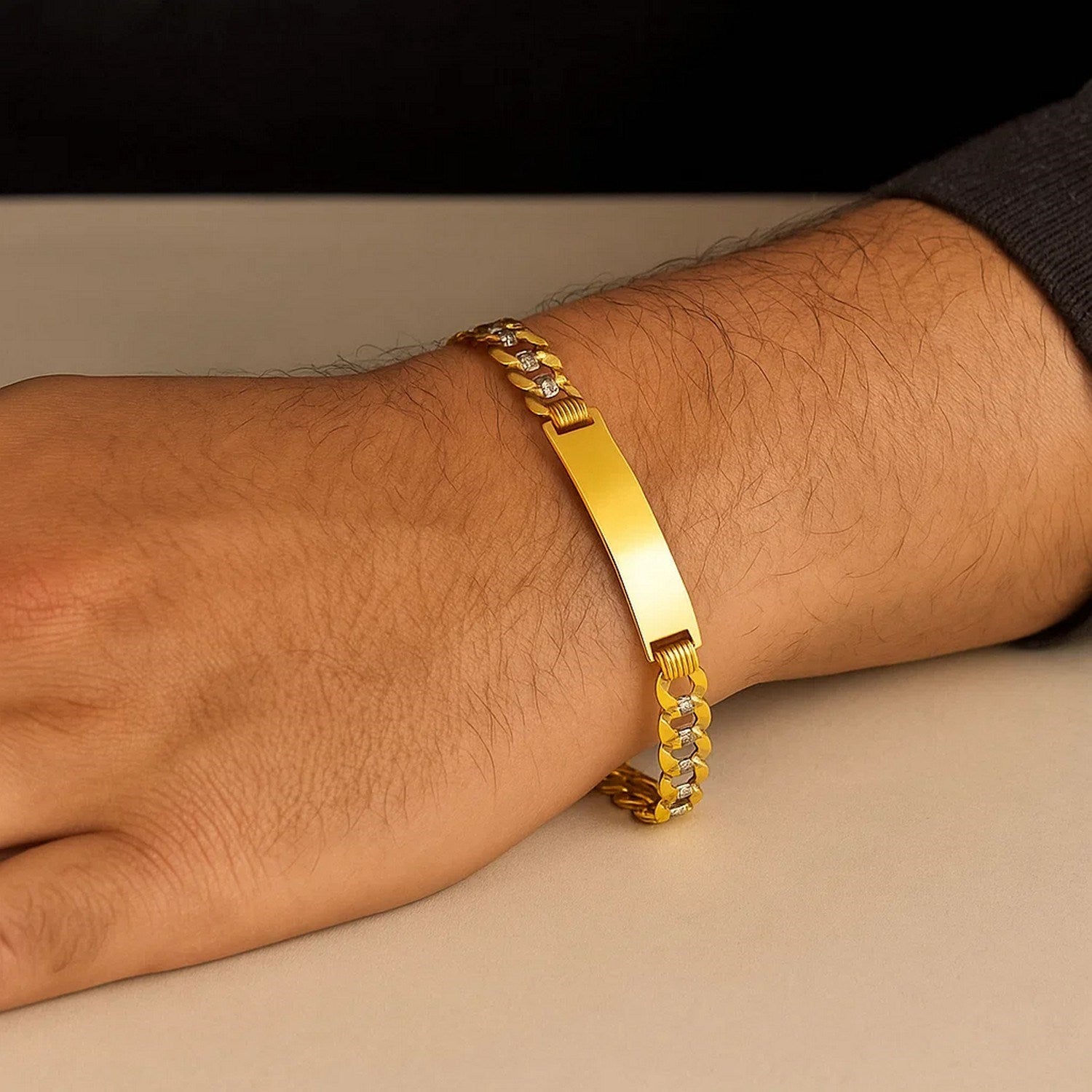 14k Two Tone Gold Mens Narrow Curb Chain ID Bracelet with White Pave (6.70 mm)