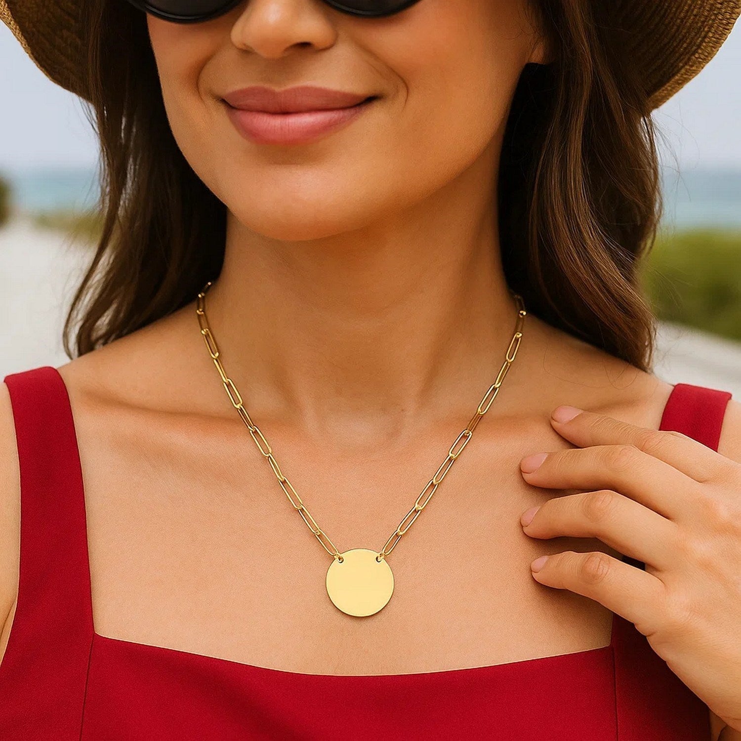 14k Yellow Gold High Polish Circle Disc Paperclip Link Necklace