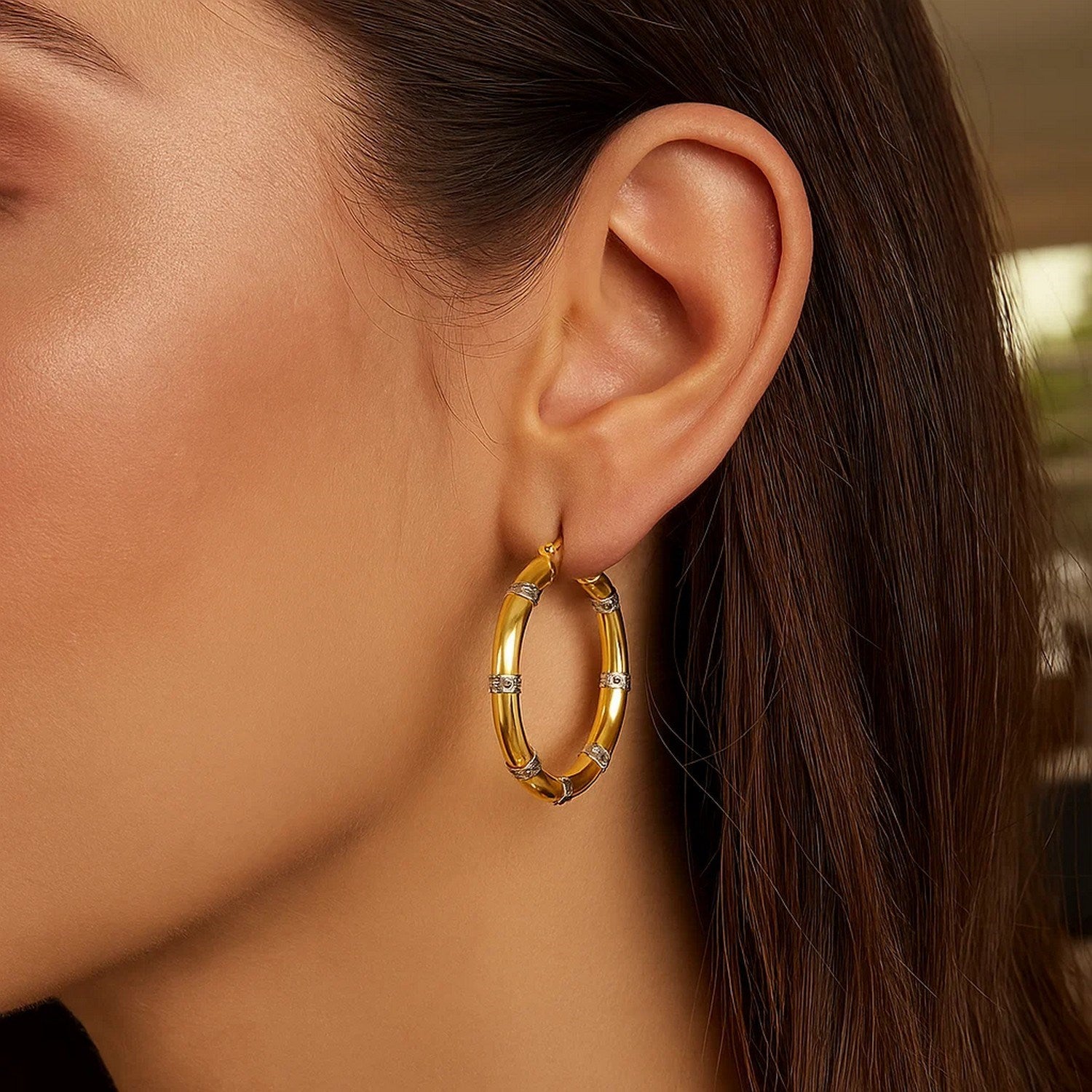 14k Two-Tone Gold Alternate Textured Hoop Earrings