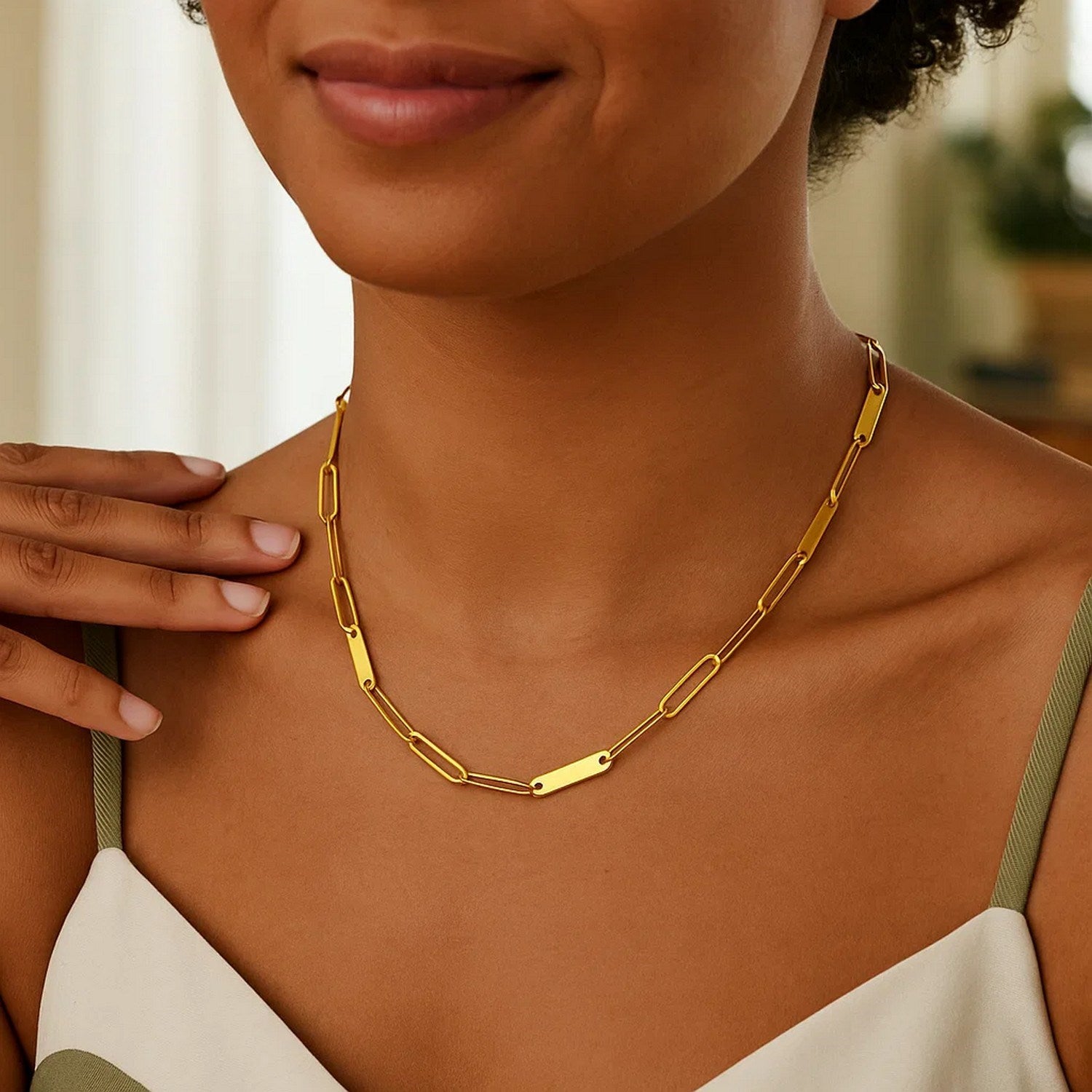 14k Yellow Gold Alternating Paperclip Chain Link and Gold Bar Necklace