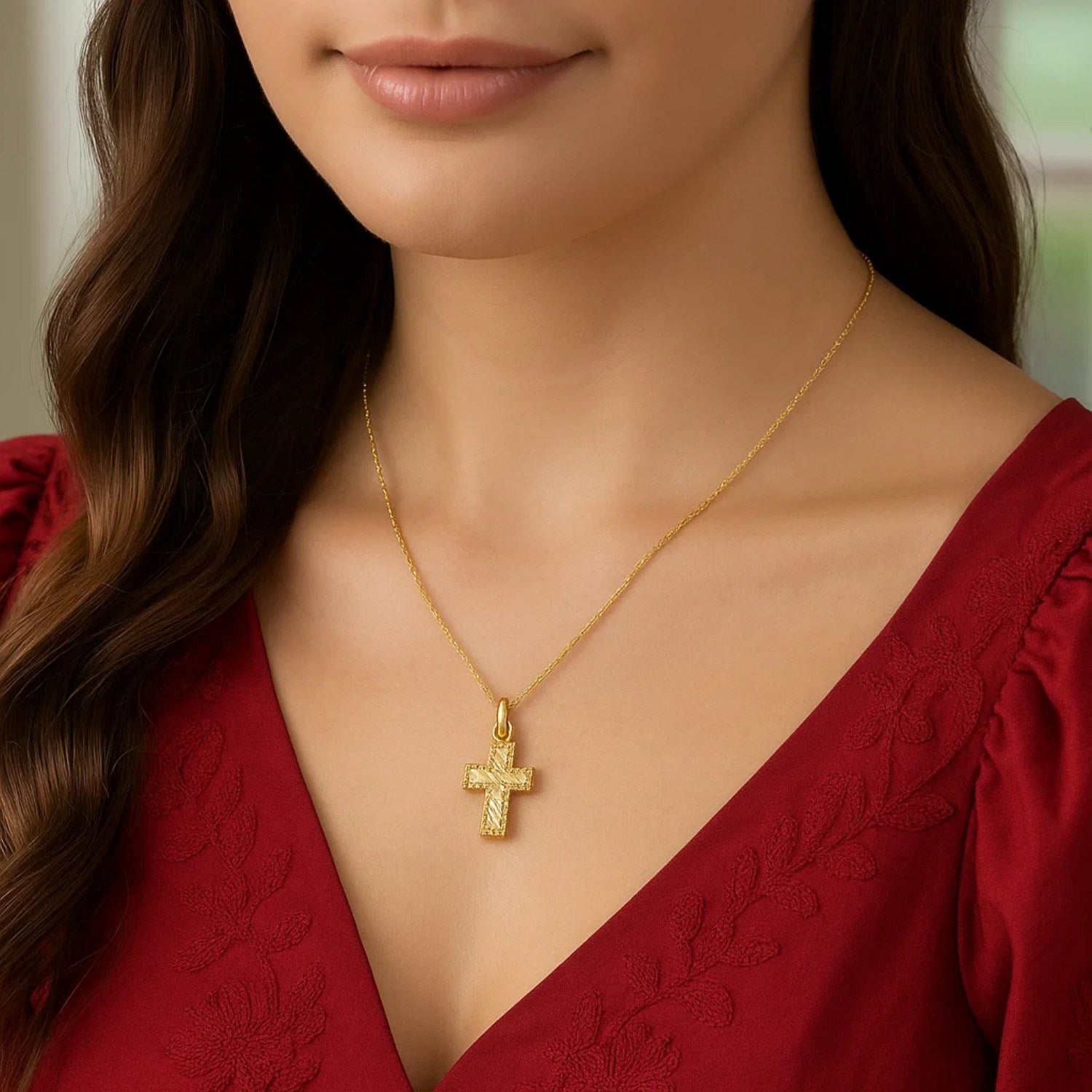 14K Yellow Gold Diamond Cut Cross Necklace