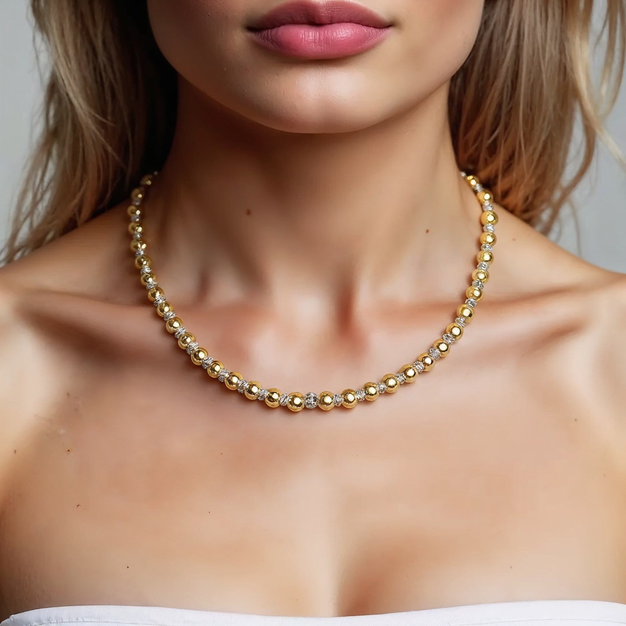 Two Tone Beaded Chain Necklace in 14K Gold