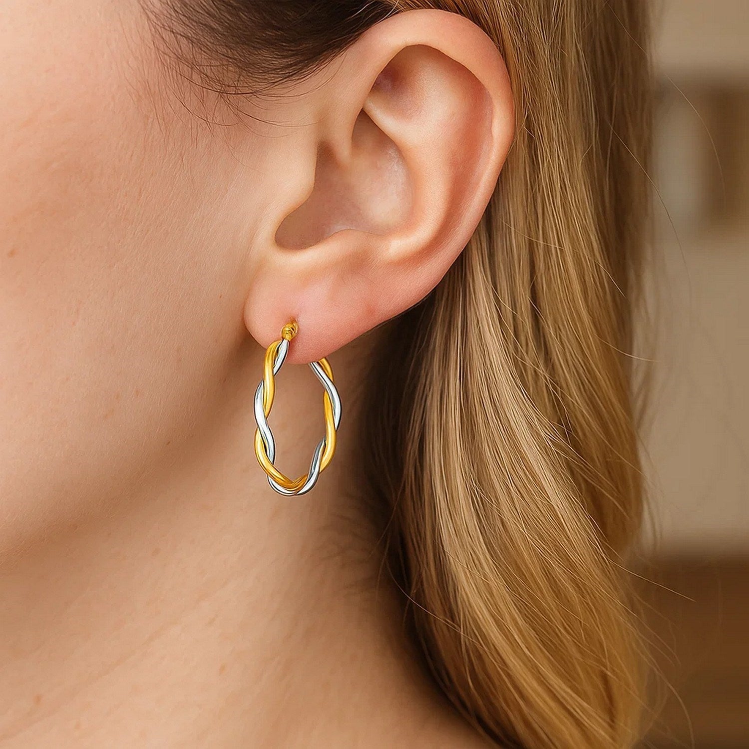Two-Tone Twisted Wire Round Hoop Earrings in 10k Yellow and White Gold(3x20mm)