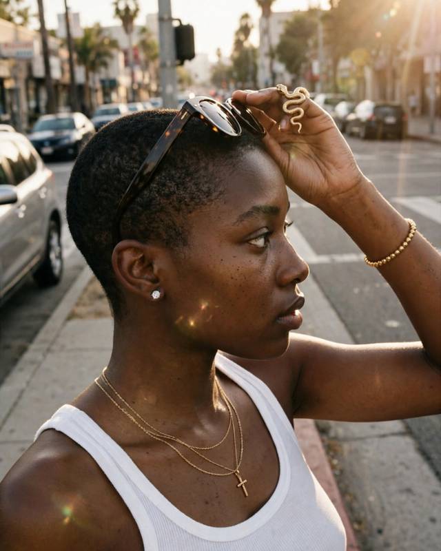 Los Angeles, five o’clock. Two chains, a cross, a snake ring.